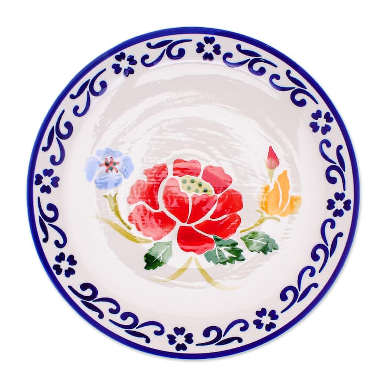 Novica Handmade Poppy Garden In Blue Ceramic Dinner Plate