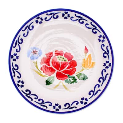 Novica Handmade Poppy Garden In Blue Ceramic Dinner Plate