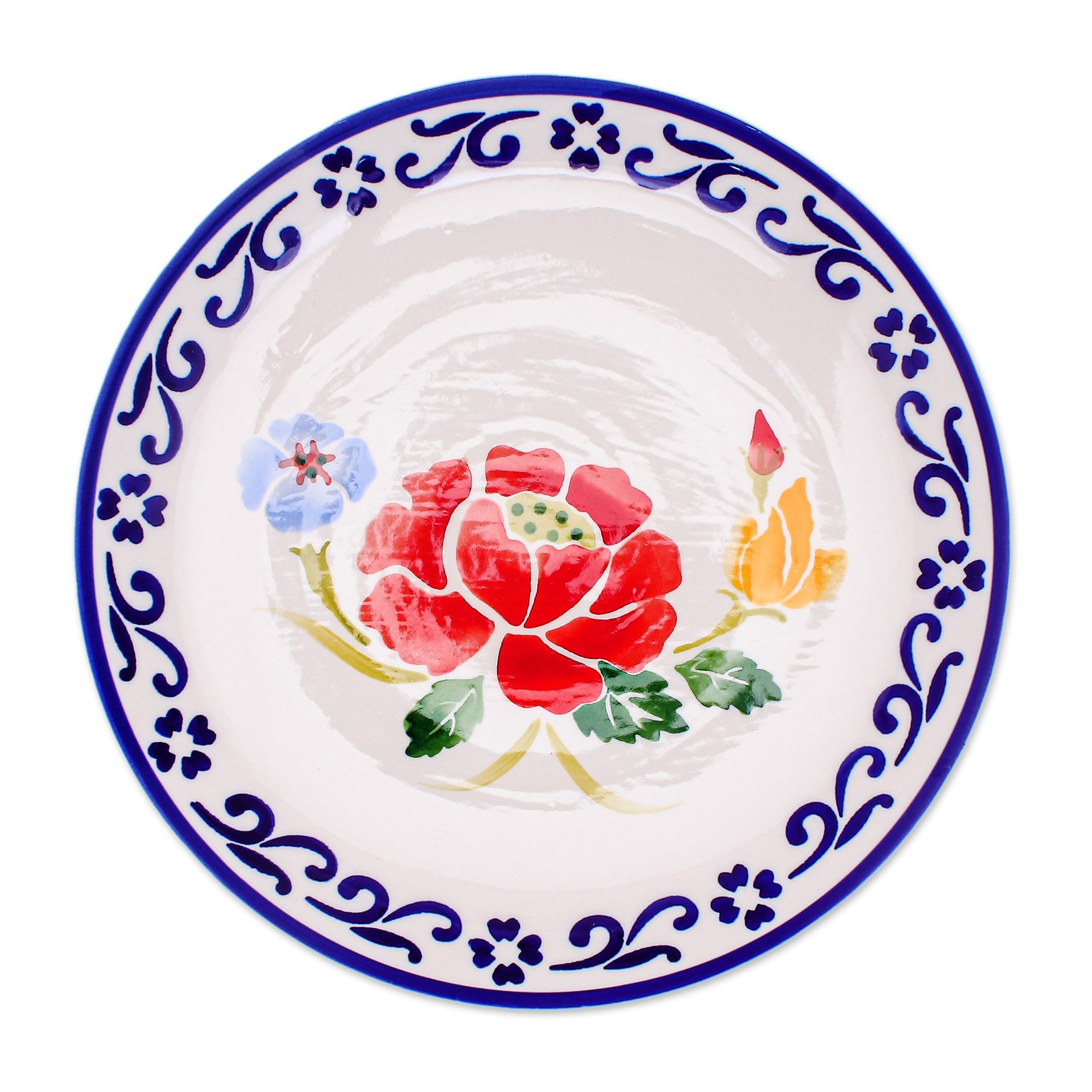 Novica Handmade Poppy Garden In Blue Ceramic Dinner Plate