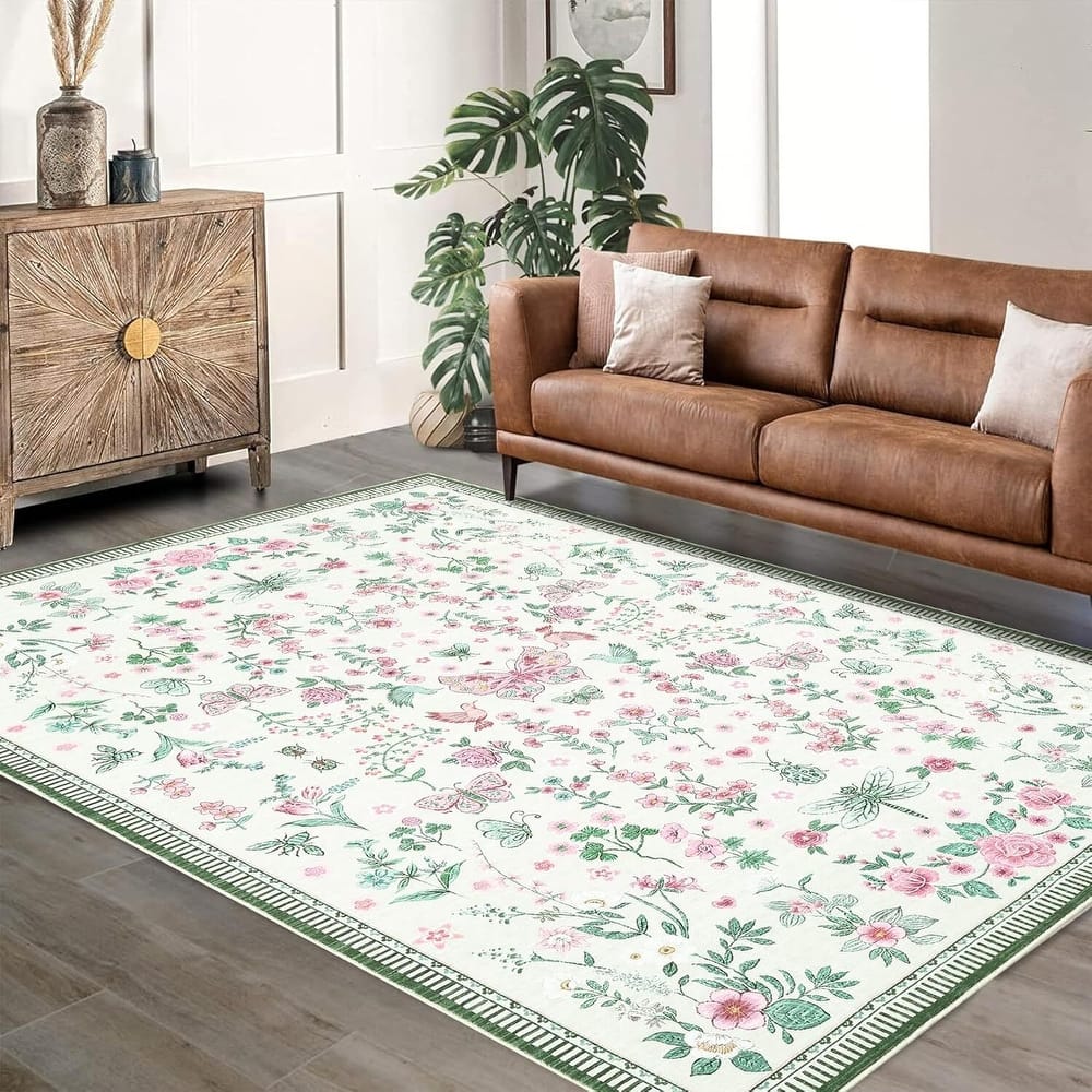 Modern Floral Machine Washable Indoor Waterproof Area Rug for Bedroom, Living Room, Pink - 2' x 3'