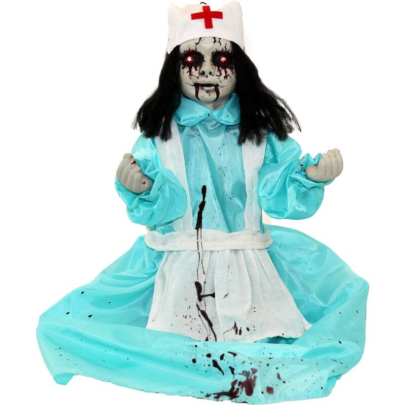Haunted Hill Farm 1.8-ft. Animatronic Nurse, Indoor/Outdoor Halloween Decoration, Red LED Eyes, Poseable, Carrie