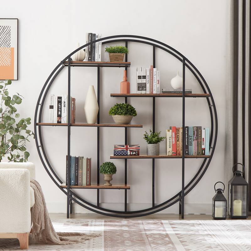 Round 5-Tier Metal Plant Stand bookcase storage rack, Indoor Living Room Terrace Garden Balcony Display Stand. - Brown