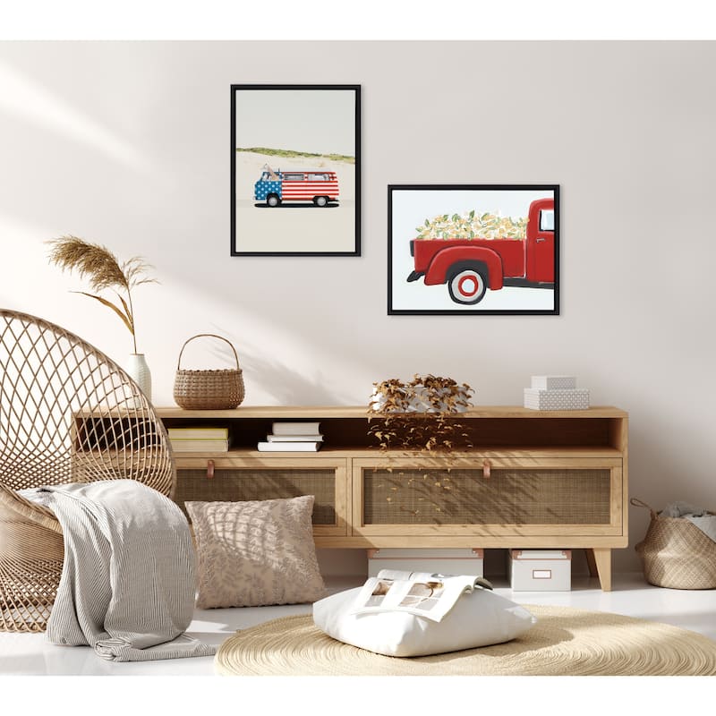 Kate and Laurel Sylvie Red Truck with Flowers Framed Canvas by Border Bloom