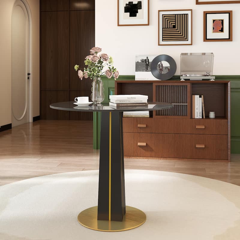Modern Round Negotiation Table - 85cm Tempered Glass Top, Black Wooden Legs with Golden Metal Base(Only the Negotiation Table)