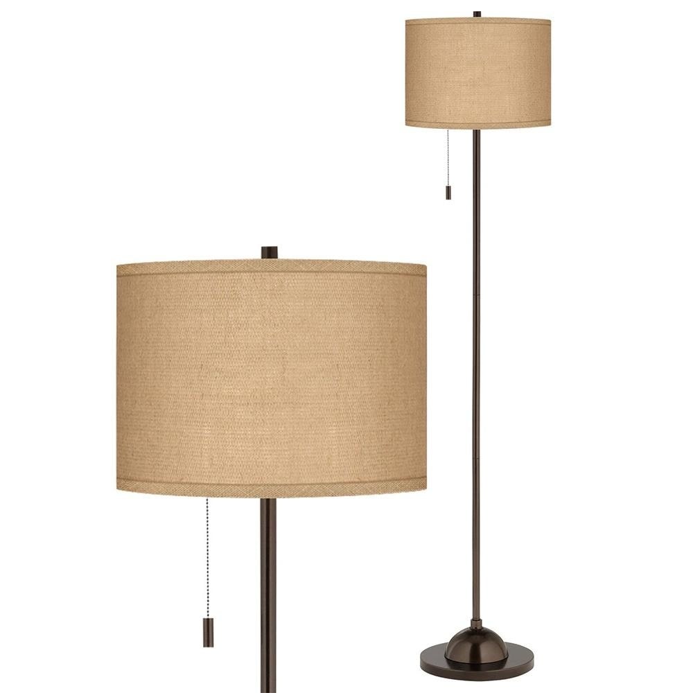 Club Floor Lamp Slim Tiger Bronze Woven Burlap Shade Living Room - 13
