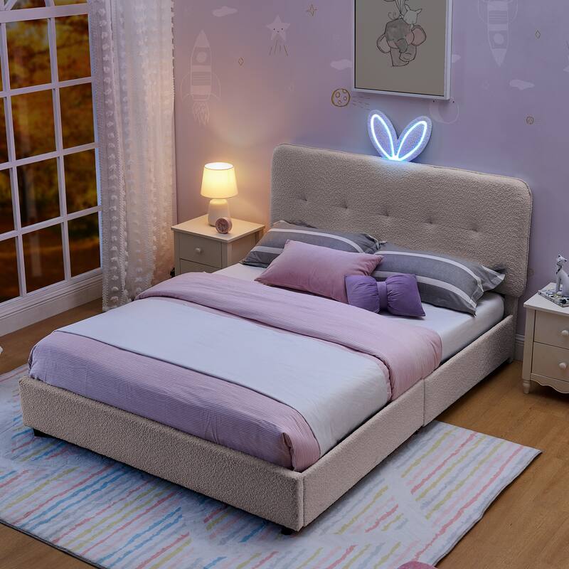 Kids Boucle Upholstered Bed with Rabbit Ear Headboard, LED Music Sync & 4 Drawers
