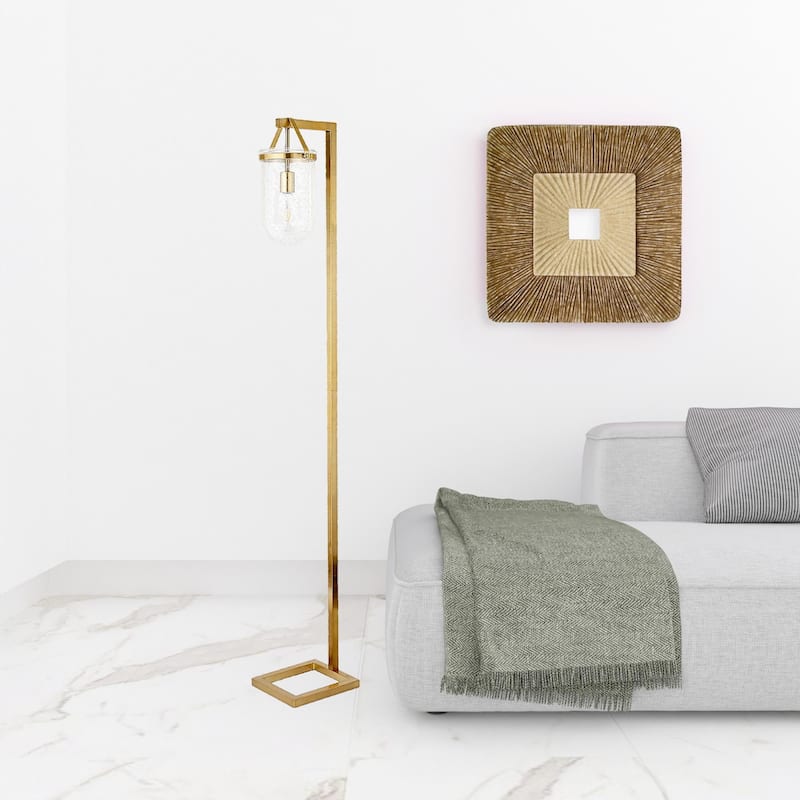 Modern 68" Arched Floor Lamp with Brass Base and Glass Shade