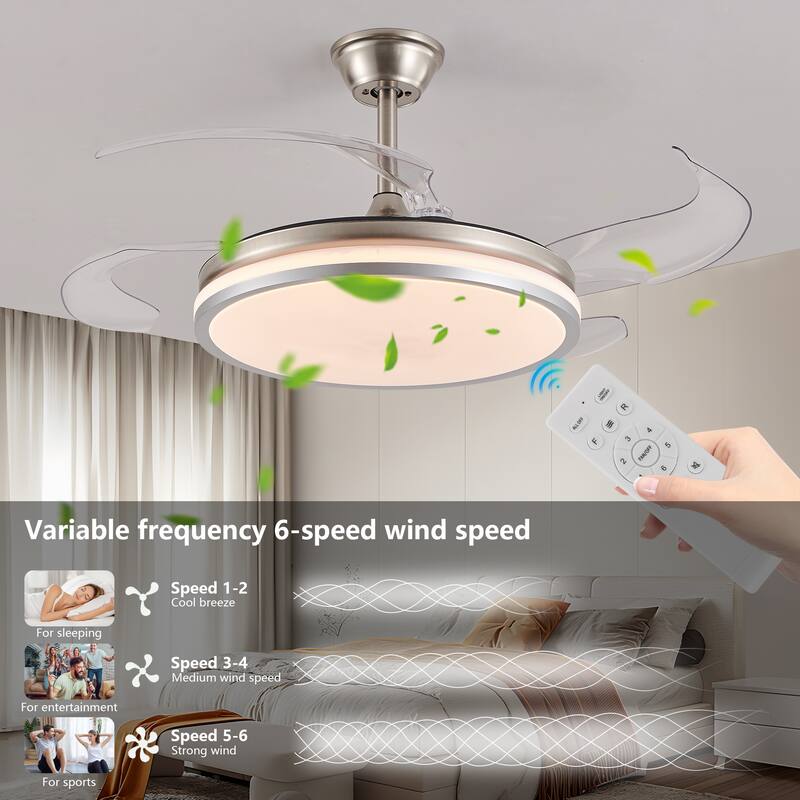 42 Inch 2 Tiers Design Modern LED Ceiling Fan with Light and Remote Control, Retractable Blades, Adjustable 6 Speed - Chrome
