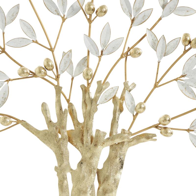 Metal Tree Metallic Decorative Sculpture with White Leaves - Gold - Roche River Decor