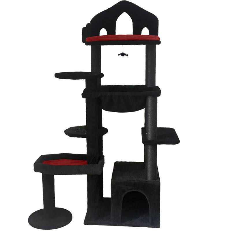 Black Gothic Cat Tree, Multi-Level Spooky Cat Tree with Scratching Posts, Perches, Hammock, and Cat Cave - Black Cat Tower