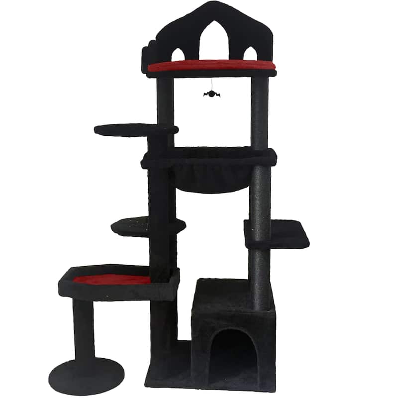 Black Gothic Cat Tree, Multi-Level Spooky Cat Tree with Scratching Posts, Perches