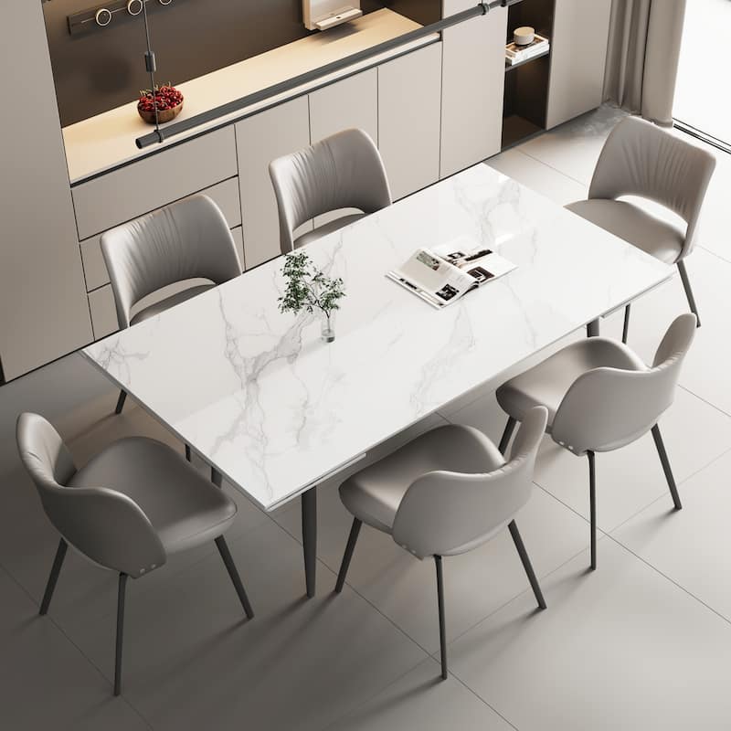 62.9'' to 94.4'' expandable Slate rectangular Glossy White kitchen Stone Top dining table stainless steel legs.
