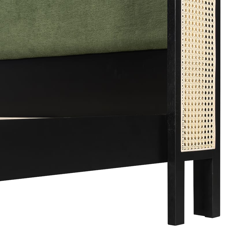 Christopher Knight Home - Mid-Century Upholstered Wood Low-Profile Platform Bed with Rattan Weaving Headboard