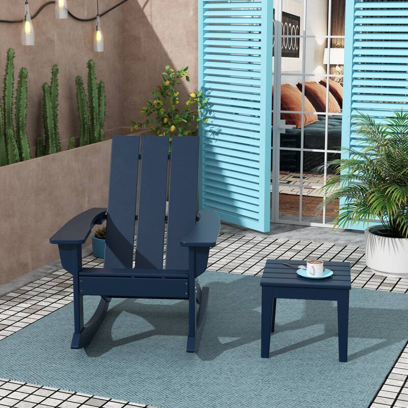 Shoreside Modern Eco-Friendly All Weather Poly Adirondack Rocking Chair with Side Table (2-Piece Set) - Navy Blue