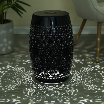 Roomfitters Outdoor Solar Garden Side Table with Light, Floral Cutouts Decorative Accent End Table for Patio or Balcony