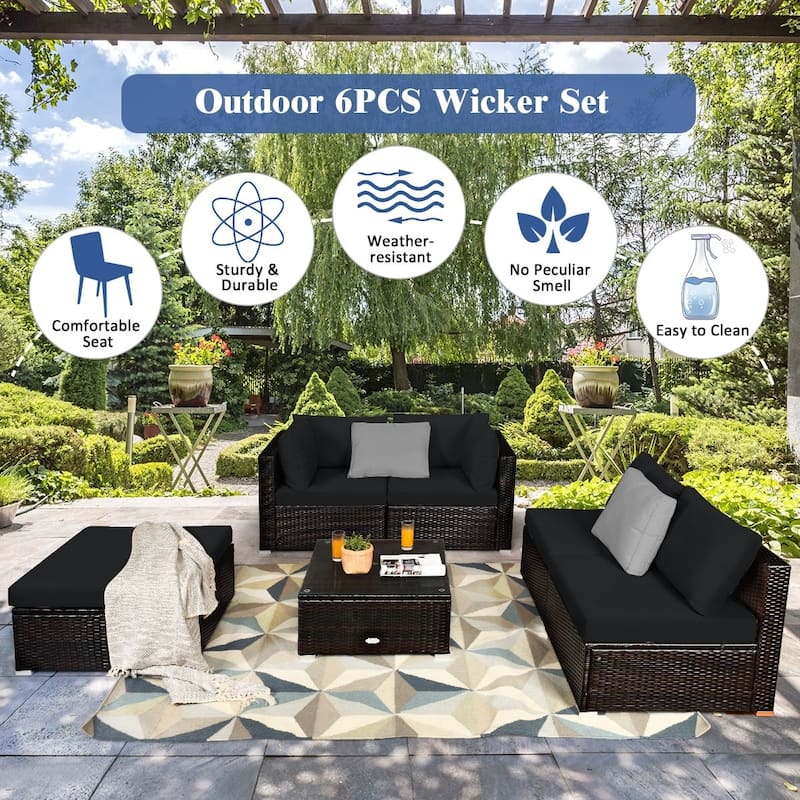 6 Pieces Outdoor Patio Rattan Furniture Set Sofa Ottoman with Coffee Table - 30'' x 30'' x 26''(L x W x H)