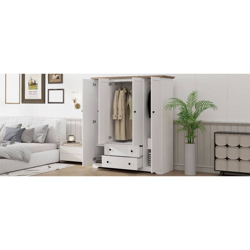 Roomfitters 4-Door Wardrobe Armoire with 2 Drawers and Hanging Rail