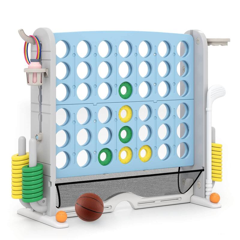 Costway Giant 4-in-a-Row Game Set with Ring-toss, Basketball Hoop, - See Details - Blue & Gray
