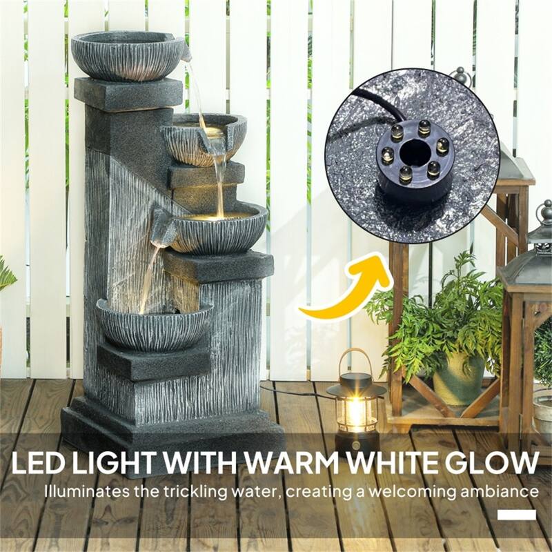 Four-Tier LED Water Fountain Gray Resin Outdoor Patio Garden Backyard with Pump and Cascading Bowls - Grey
