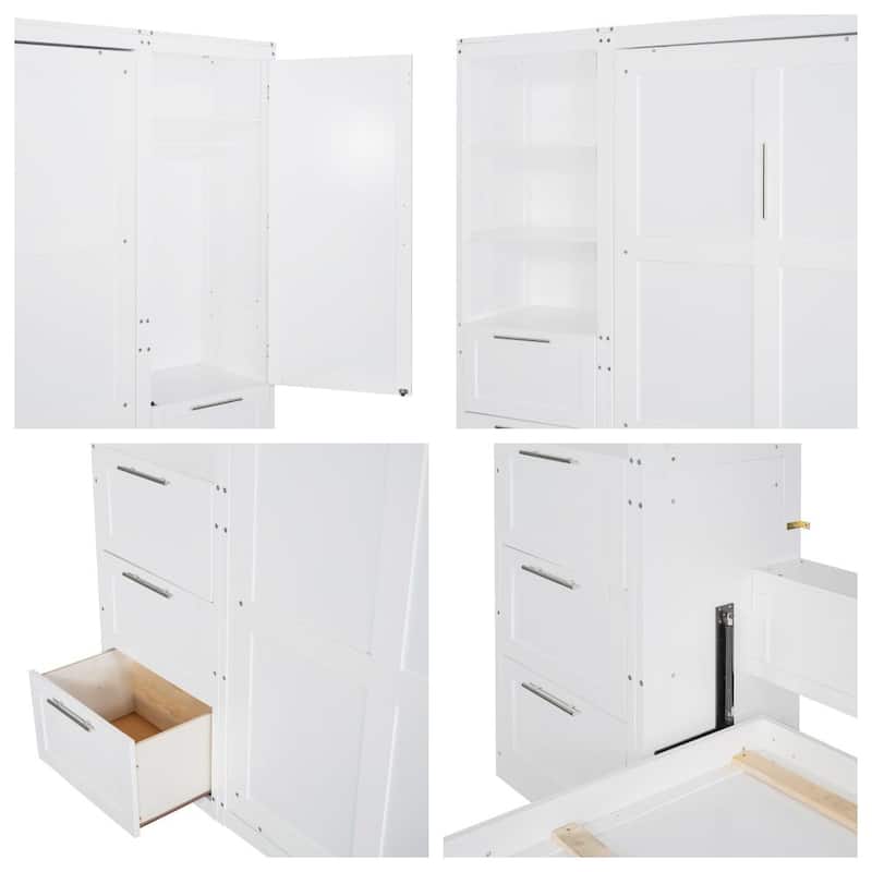 Queen Size Wood Murphy Bed with Wardrobe,Drawers and Shelves