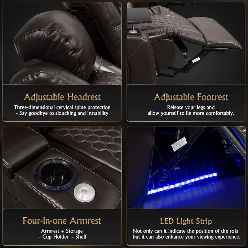 Roomfitters 86.6" Power Recliner 3-Piece Set, Top-Grain Nappa Leather, 34-Color RGB LED & USB-C Charging, Coffee