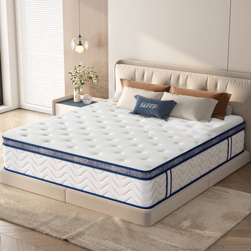 Queen Size Mattress 12 Inch Hybrid Mattress Individually Pocketed Innerspring Medium Firm - White - Queen
