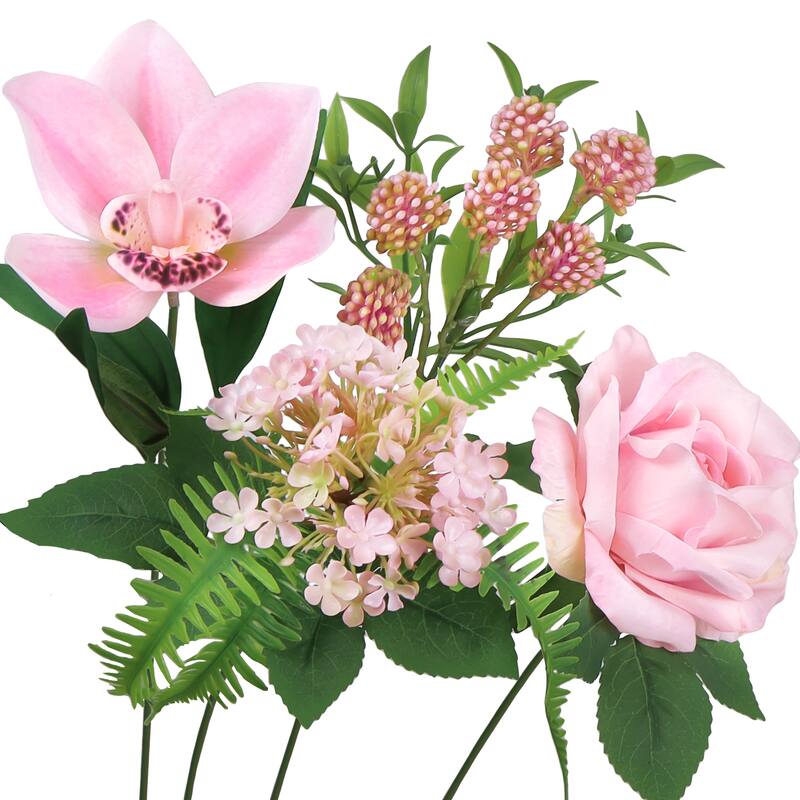 Set of 2 Pink Artificial Mixed Rose Cymbidium Orchid Snowball Flower Stem Bush Bouquet 19in - 19" L x 12" W x 12" DP