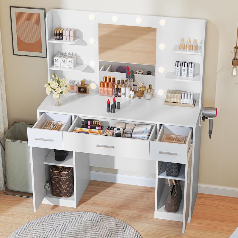 Vanity Desk with Mirror and Lights, Power Outlet & 11 Lights, Makeup Vanity Desk 3 Color Modes & Adjustable Brightness NEW - 3 Drawers