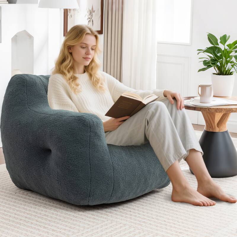 HOMEFUN Teddy Fabric Upholstered High-Density Foam Bean Bag Sofa Chair with Armrests - Dark Green