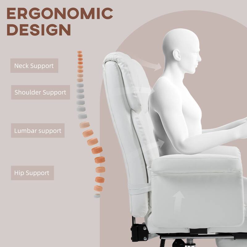 Executive Office Chair PU Leather Ergonomic Reclining Swivel Chair with Footrest Lumbar Support White