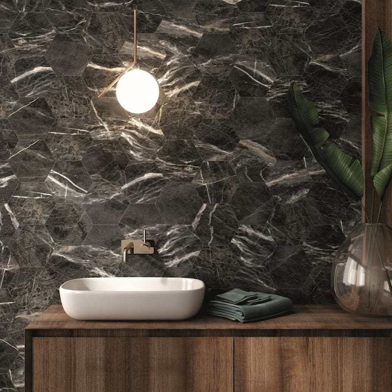 Oscuro 8x9 Black/ Gold Matte Hexagon Marble Look Porcelain Tile - Floor & Wall