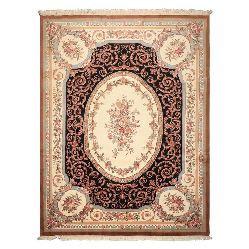 8'11''x11'11'' Hand Knotted Wool Ivory Aubusson Savonnerrie Floral Botanical Rug - 8' 11'' x 11' 11''