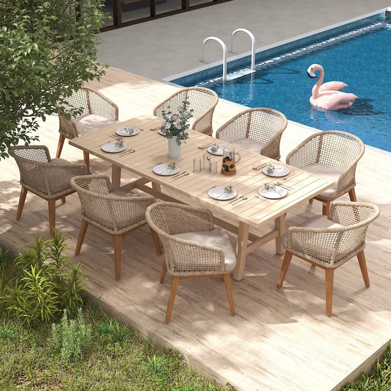 Outdoor Patio 9-Piece Dining Set With Rope-Woven Dining Chairs - Beige