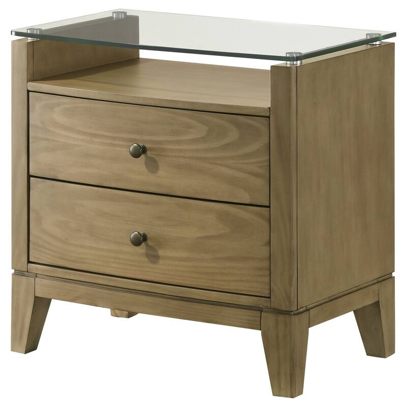 Natural Pine 2-Drawer Glass Top Nightstand with Curved Fronts, Cord Management and Antique Nickel Hardware