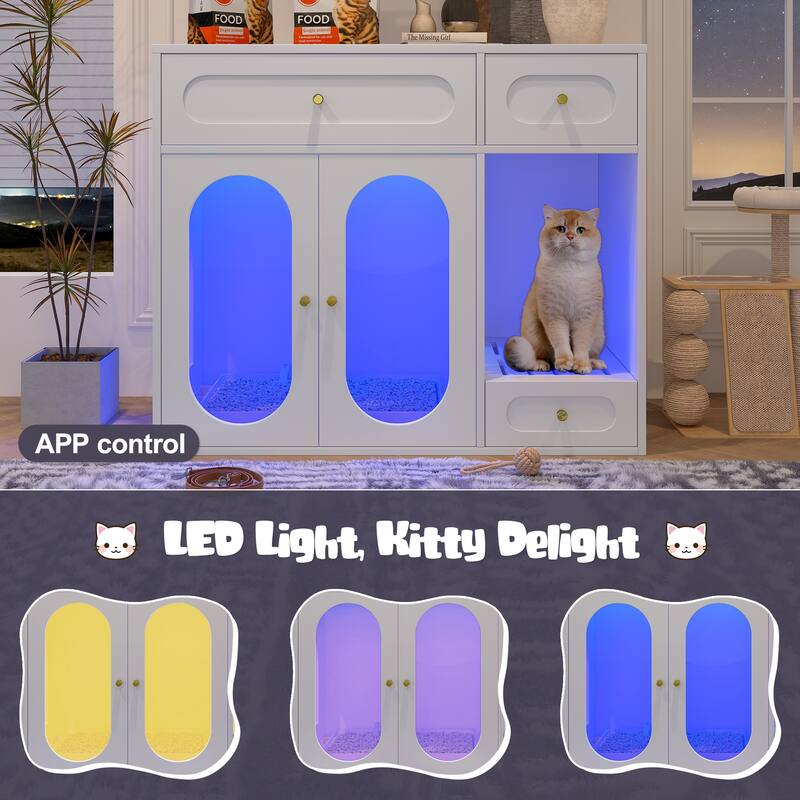 Cat Litter Box Enclosure with LED Light, Hidden Litter Box Furniture with Storage Drawers, Indoor Pet House with Acrylic Doors