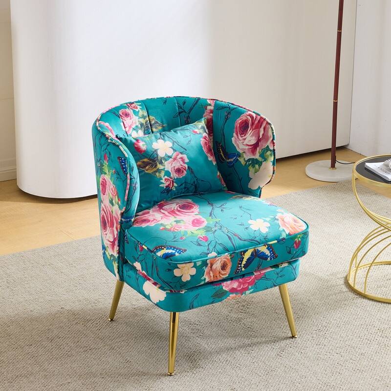 Mid Century Modern Upholstered Reading Chair with Lumbar Pillow, Gold Metal Legs, Small Space Friendly for Living Room Bedroom