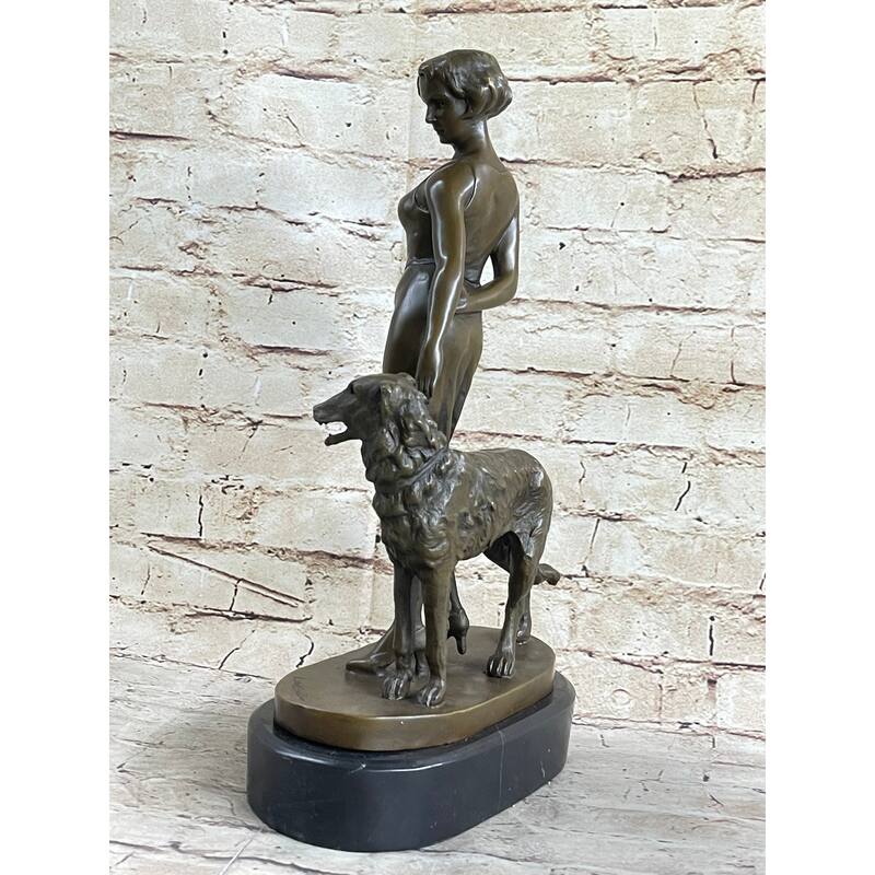 Art Deco Girl With Dog Bronze Statue Sculpture Figure Lorenzl 14 Inches X 8 Inches