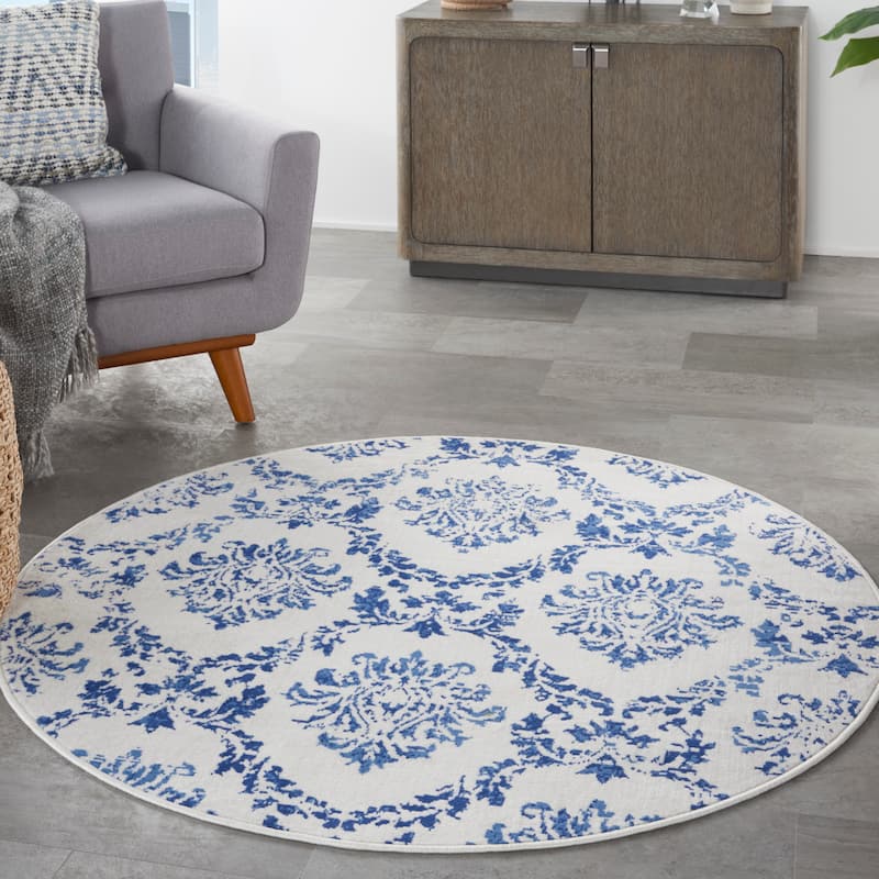 Nourison Whimsicle Boho French Country Floral Blue Ivory Area Rug - 5' Round - Ivory Navy - Round
