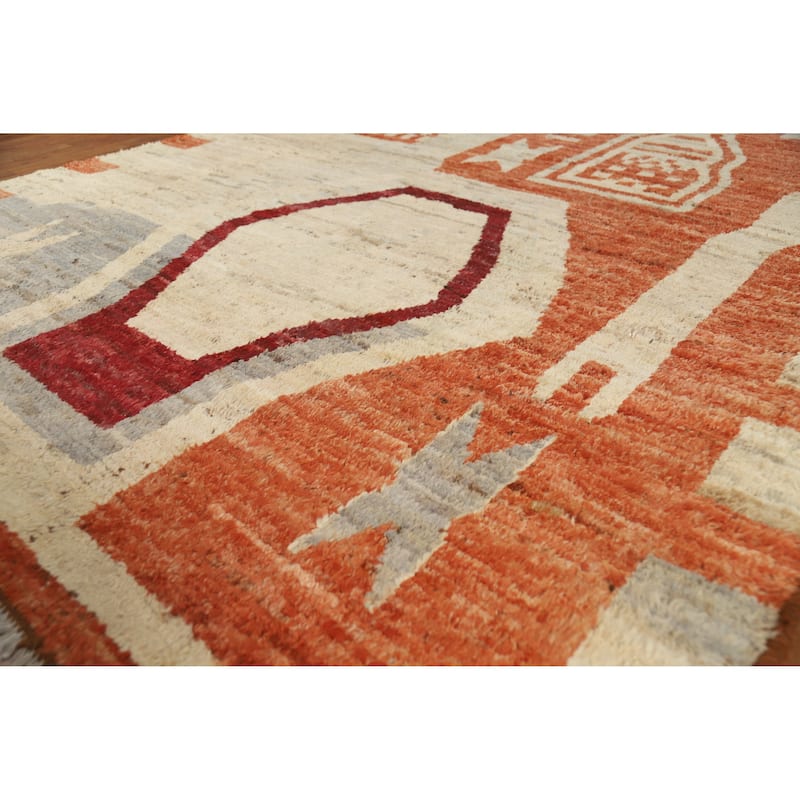 Moroccan Oriental Area Rug Hand-Knotted Beige Tribal Wool Carpet - 6'10" x 9'8" - 6'10" x 9'8" - Ivory/Beige