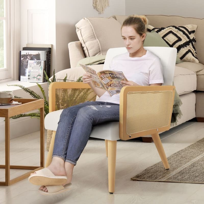 Fabric Accent Armchair with Solid Wood Legs - Beige