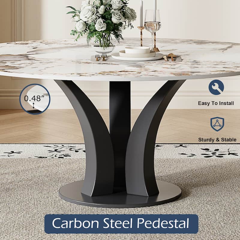 59" Round Sintered Stone Dining Table for 6-8, Glossy Pandora Table top
