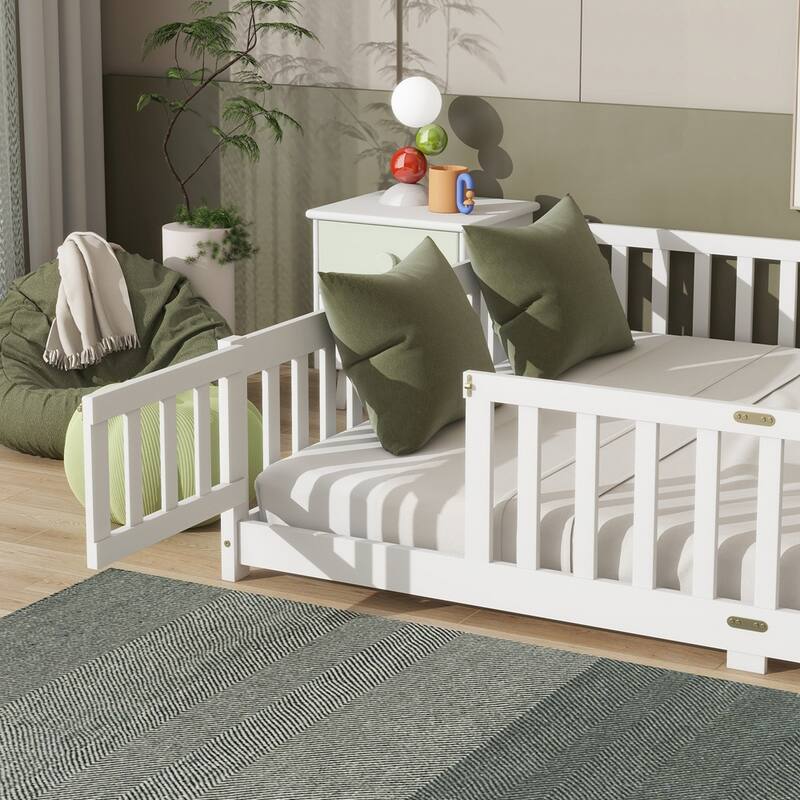 Rubber Wood Floor Bed with Safety Guardrails