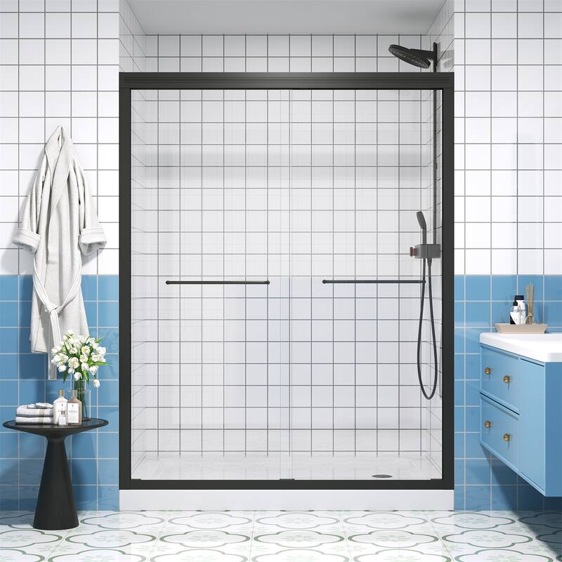 Half Frameless Double Sliding Glass Shower Door, 1/4 inch Tempered Glass