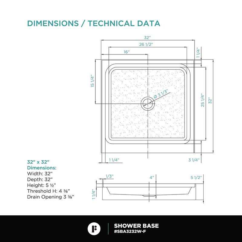 Fine Fixtures Single Threshold Acrylic Shower Base - Non-Slip Textured Surface Shower Floor Pan