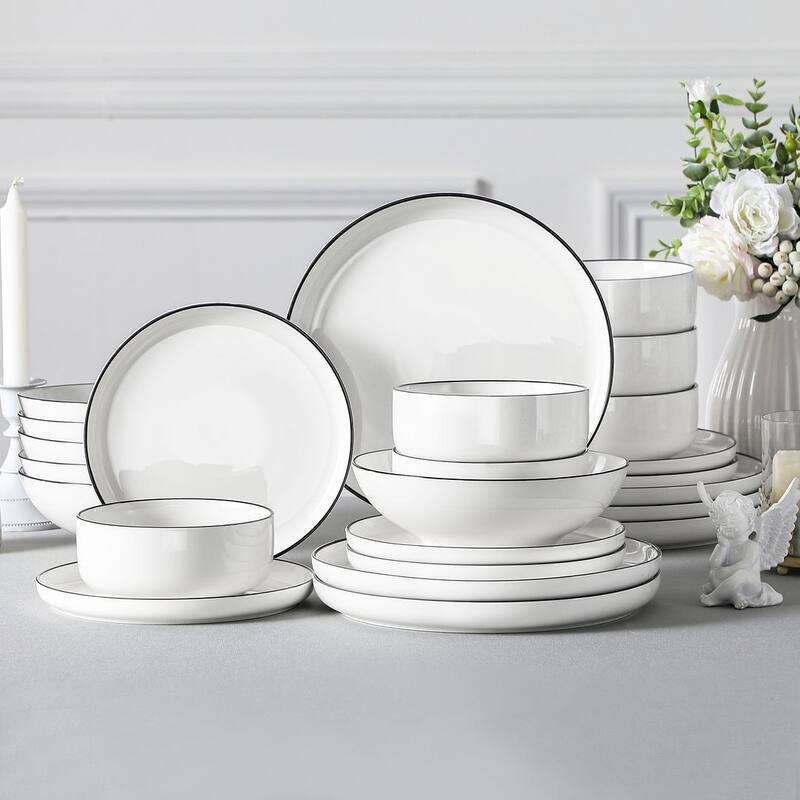 MALACASA LUNA 24-piece Porcelain Dinnerware Set (Service for 6) - Black Trim