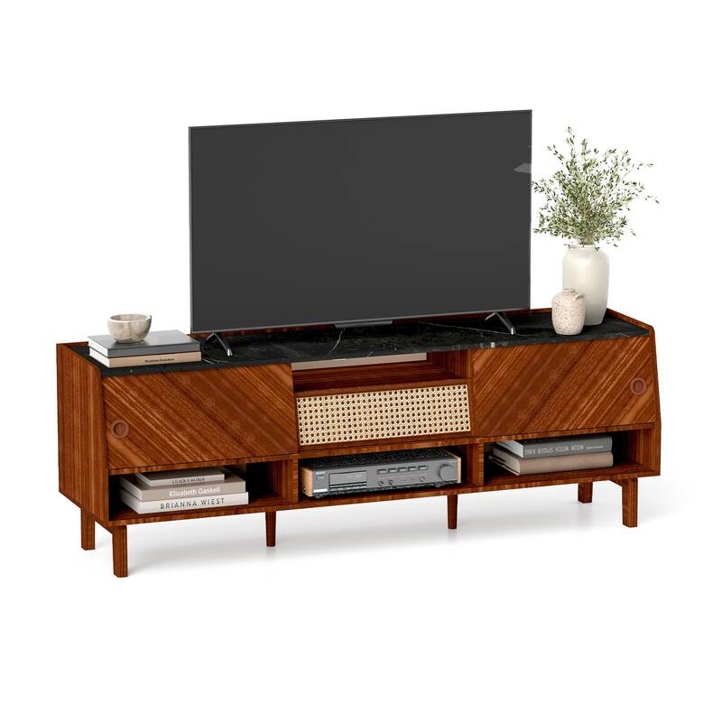 Entertainment Center with Rattan Drawer - Black+Brown