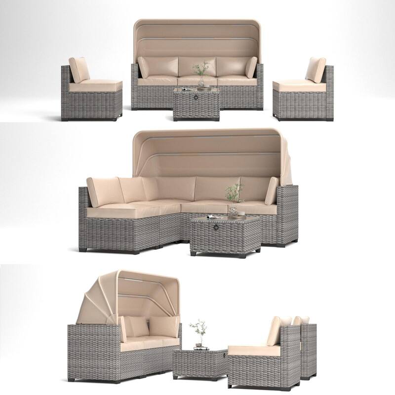 6 Piece Patio Sectional Sofa Set, PE Rattan Daybed with Retractable Canopy, Patio Lounge Set with Adjustable Backrests
