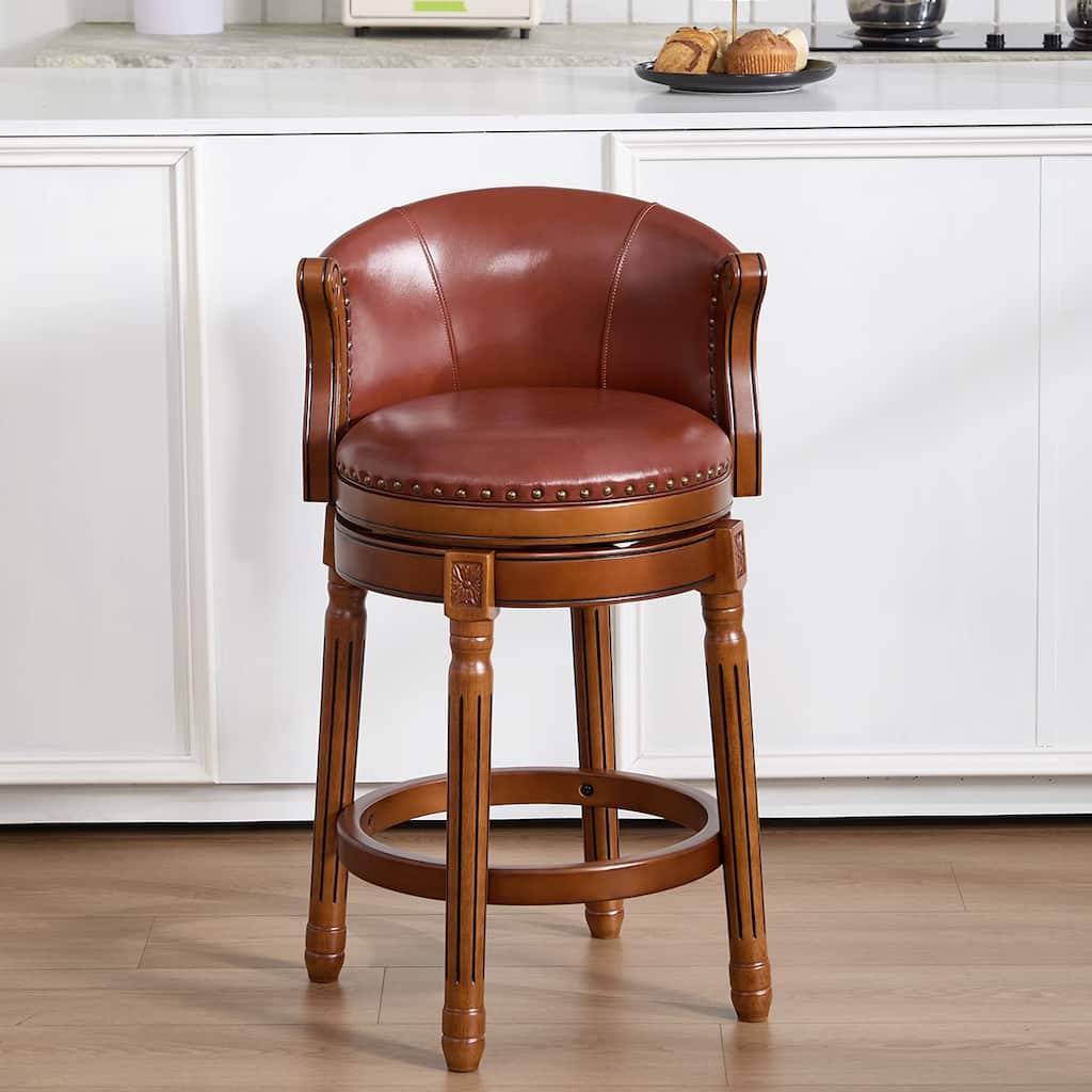 Cow top Leather Wooden Bar Stools, 360 Degree Swivel Bar Chair with Backs, Bar height Couner Height Barstools (1pc)
