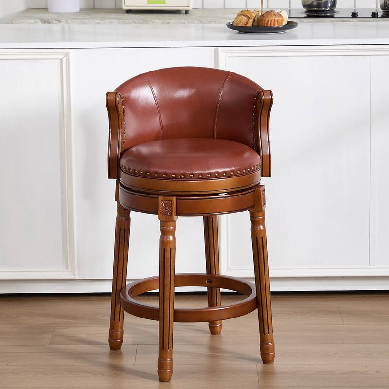 Cow top Leather Wooden Bar Stools, 360 Degree Swivel Bar Chair with Backs, Bar height Couner Height Barstools (1pc) - Brown