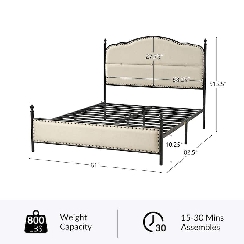 Eulalia Transitional Upholstered Platform Metal Bed Frame Four Poster Bed with High Headboard&Pillow